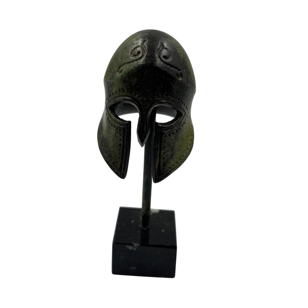 Bronze Greek Corinthian Spartan Helmet Sculpture Black Marble‎ Base Back Crest